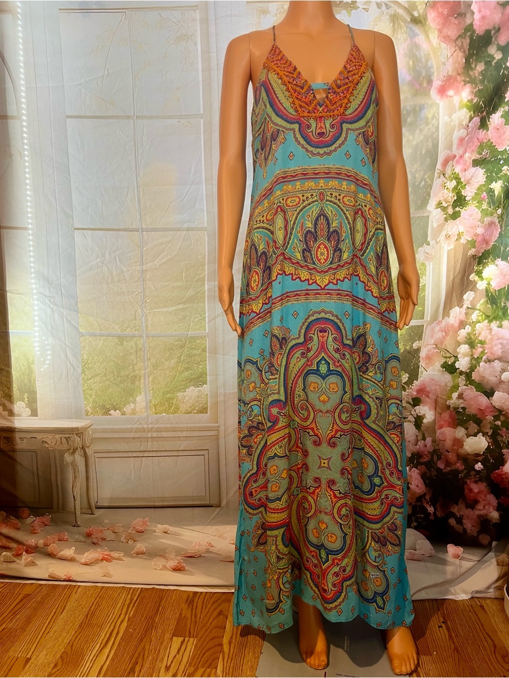 Hale Bob Turquoise Paisley-Print Spaghetti-Strap Maxi Dress
